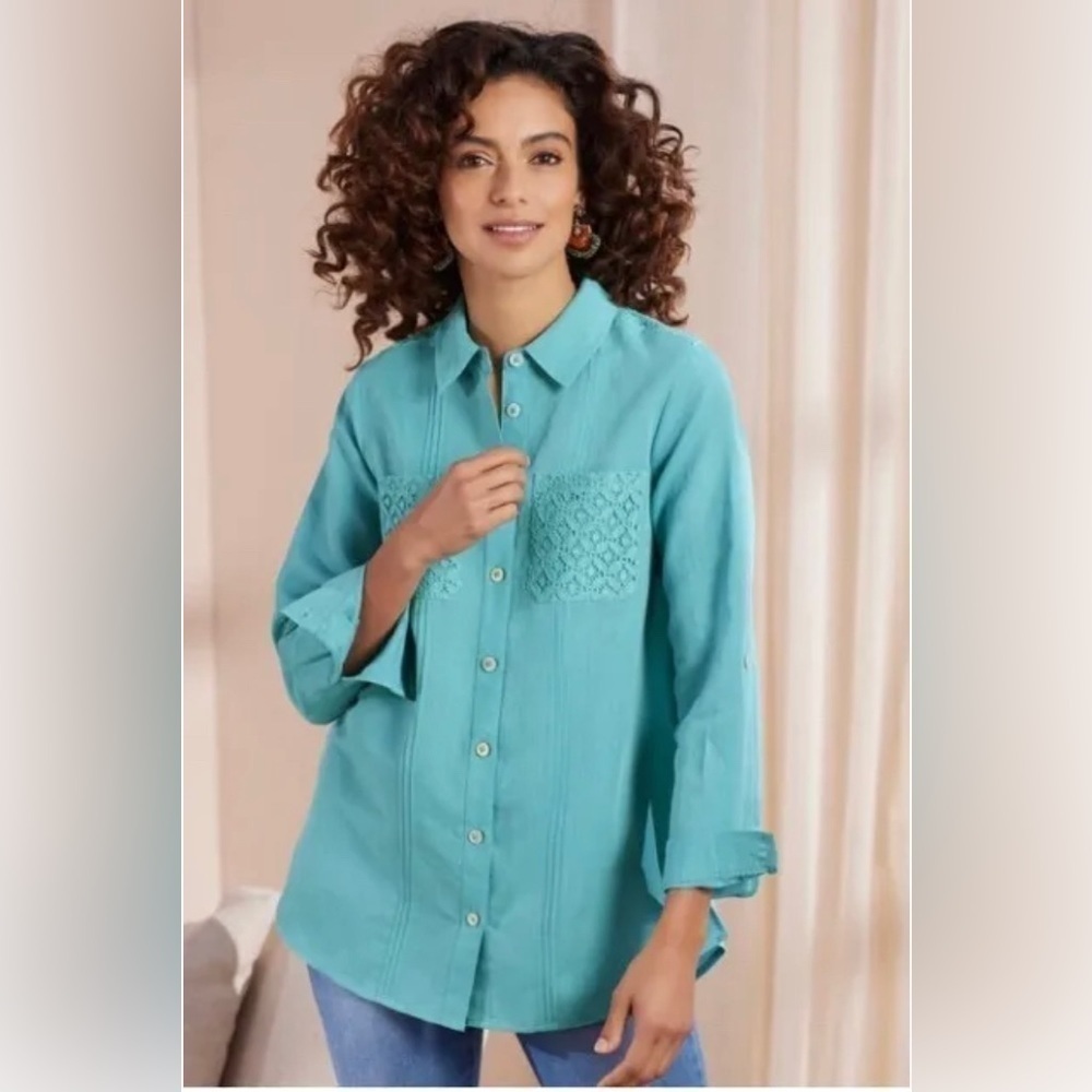 Soft Surroundings Surfspray Tunic Lace Pocket Linen Blend Shirt Teal Blue Green